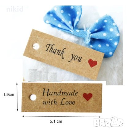 50 бр тесни Handmade with love Thank You Тагове табелки етикети картонени подаръци ръчна изработка, снимка 1