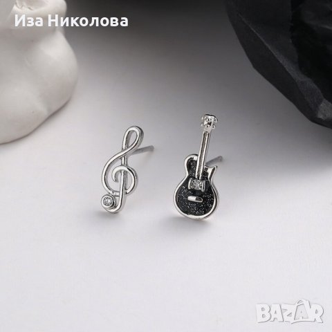 Сребърни обеци - китара и музикална нота, снимка 5 - Обеци - 38661418