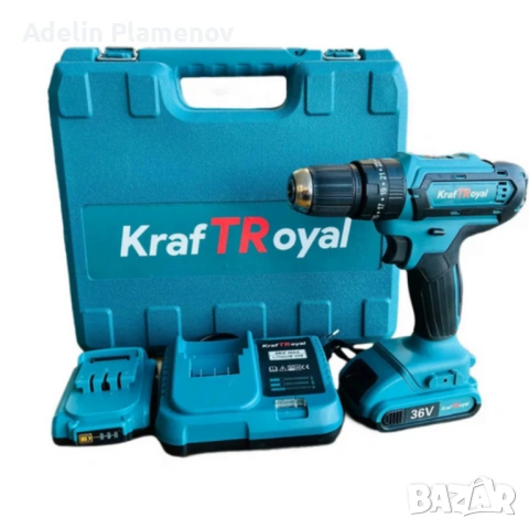 Aкумулаторен  винтоверт Kraft Royal 36V с 2 батерии 8Ah, 24 части и куфар — дълготрайна мощност, бър, снимка 3 - Винтоверти - 53414421