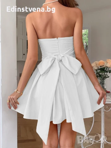 Дамска елегантна бяла къса рокля без презрамки, с голяма панделка на гърба, снимка 4 - Рокли - 50820049
