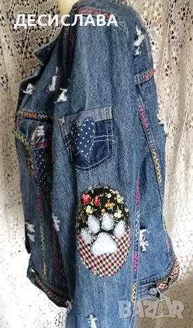 Дънково/деним яке M/L Котки ръчна декорация, снимка 9 - Якета - 52876559