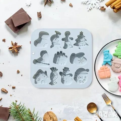 11 коледни Коледен елха ръкавица човече къща снежен дядо силиконов молд форма фондан шоколад гипс , снимка 4 - Форми - 47890498