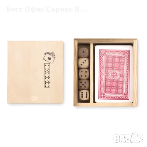 карти за игра и зарчета в дървена кутия. Playing cards plastic coated № 555