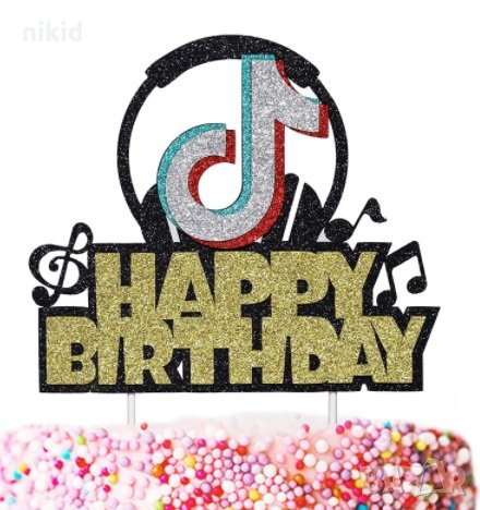 Tik Tok Тик Ток кръг happy birthday брокатен картонен топер украса декор за торта парти