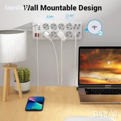 Нов 12-полюсен разклонител с пренапрежение и ключ, стенен разклонител с 12 контакта и 2 USB-C ..., снимка 5 - Други стоки за дома - 51637919