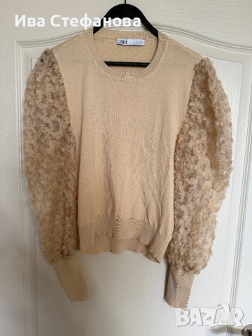 Нова бежова телесна nude елегантна блуза zara Zara Зара 5Д 3D цветя , снимка 4 - Блузи с дълъг ръкав и пуловери - 52483531