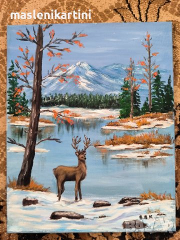 зимен пейзаж с елен маслена картина , снимка 2 - Картини - 43920170