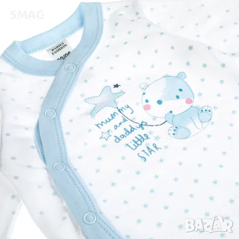 Бебешко Боди Памучно Бяло Сини Звезди с плюшено мече S_1170673, снимка 2 - Бодита за бебе - 49897267