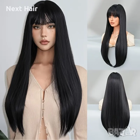 65 см черна права перука с бретон, снимка 4 - Аксесоари за коса - 51985299
