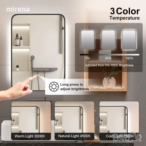 Вграден шкаф за баня, LED ЛЕД с огледало, черен, 3-цветни осветени, снимка 3 - Шкафове - 53144769