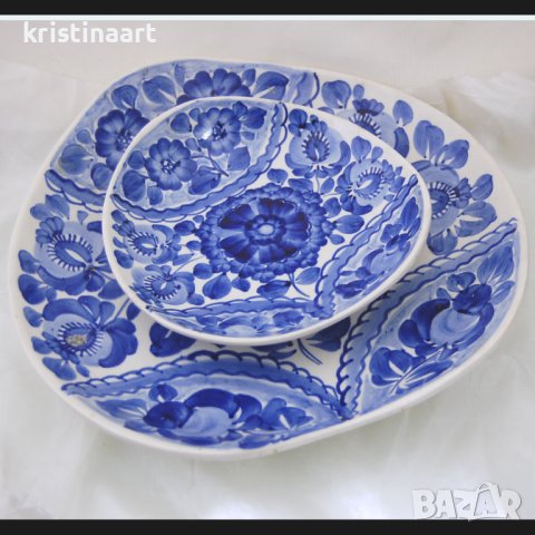 Старинен сервиз от 7 части ръчно декориран в синьо, снимка 2 - Антикварни и старинни предмети - 40309263