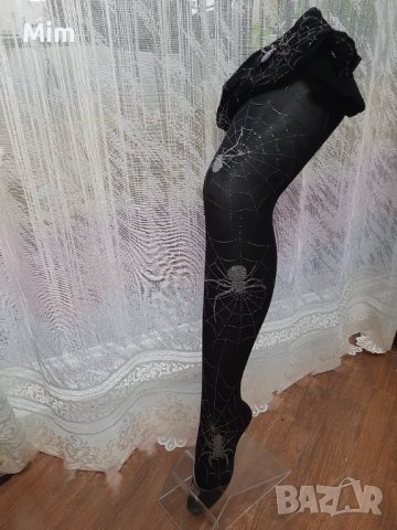 М Черен чорапогащник с паяци от сребрист брокат, снимка 3 - Бельо - 39496390