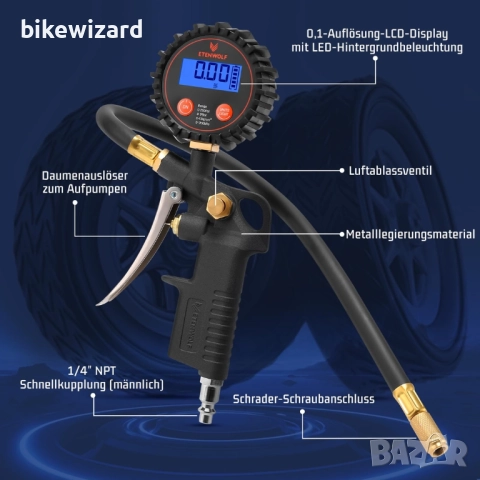 ETENWOLF T500 Цифров манометър за въздух, помпа за гуми 0-17 Bar/250 PSI НОВ, снимка 1