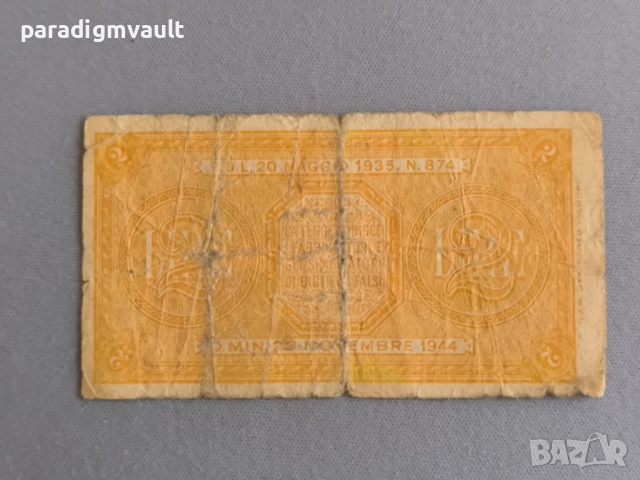 Банкнота - Италия - 2 лири | 1944г., снимка 2 - Нумизматика и бонистика - 52931505