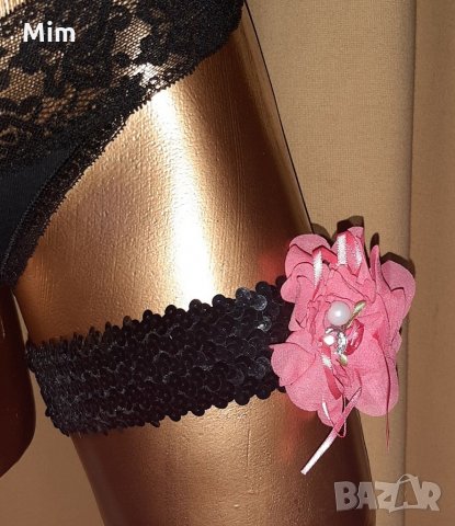 Черни жартиери за крак от паейти, и от дантела с цвете, снимка 2 - Бельо - 32218083