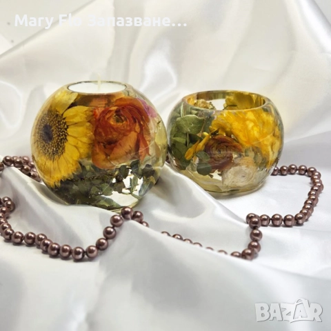 Комплект свещник и кутийка за бижута от епоксидна смола и вечни естествени цветя, снимка 2 - Декорация за дома - 52787806