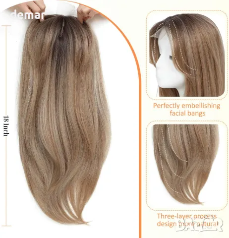 Топер за коса за жени, 45 см, синтетична коса, светлокафяво с руси кичури, снимка 4 - Аксесоари за коса - 50006301