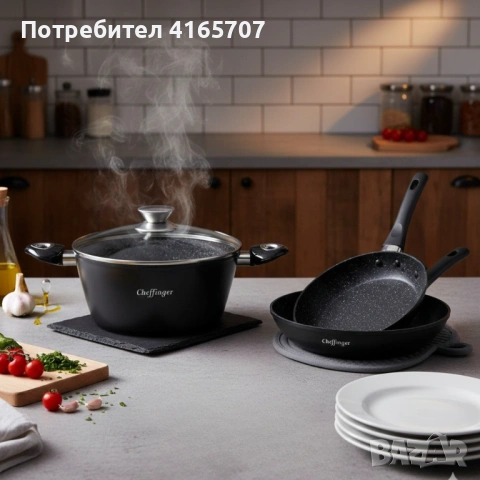 Комплект съдове за готвене 6 части Cheffinger – тенджера 24 см, тигани 24 и 28 см, за индукция