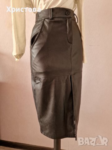 НОВА с етикет! Черна кожена пола с голяма цепка - 30,00лв., снимка 6 - Поли - 43354488