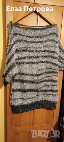Зимна блуза със светло сив мъх и плетка от копринени конци в черно и сиво, снимка 1 - Блузи с дълъг ръкав и пуловери - 43244667