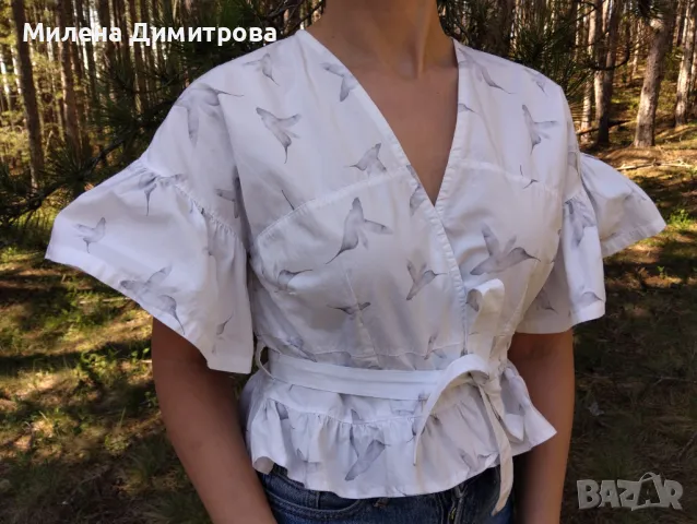 Къса блуза с къдри и принт Колибри , снимка 4 - Корсети, бюстиета, топове - 49975873