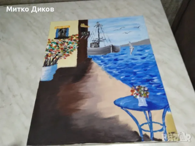 Картина пейзаж акрилни бои Кораб в морето 33х47см