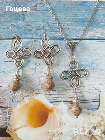 Красив Бохо комплект бижута с камъни Майфанит и символи в цвят сребро , снимка 2 - Бижутерийни комплекти - 32958195