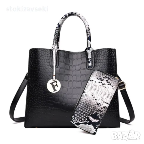 Стилна и елегантна кожена чанта с крокодилски релеф в комплект с портфейл , снимка 1