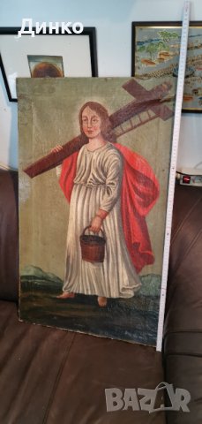 Икона масло върху платно 51-85см. 19век., снимка 4 - Антикварни и старинни предмети - 39800005