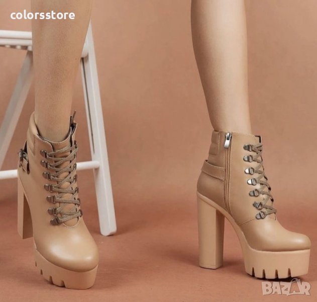 Боти на ток - бежова кожа с бежово ходило - BT14, снимка 1