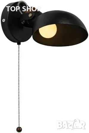 Нова Черна стенна лампа с дървена основа и издърпващ ключ, E14 база, снимка 1