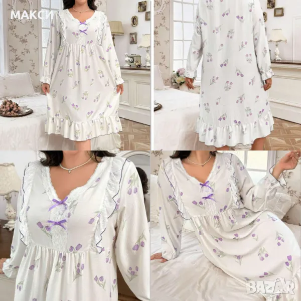 Макси чудесна ефирна нощница с къдрички, оверлог волани и дантела в красив нежен десен с цветчета, снимка 1