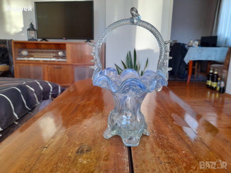 Стара стъклена ваза кошница, снимка 1