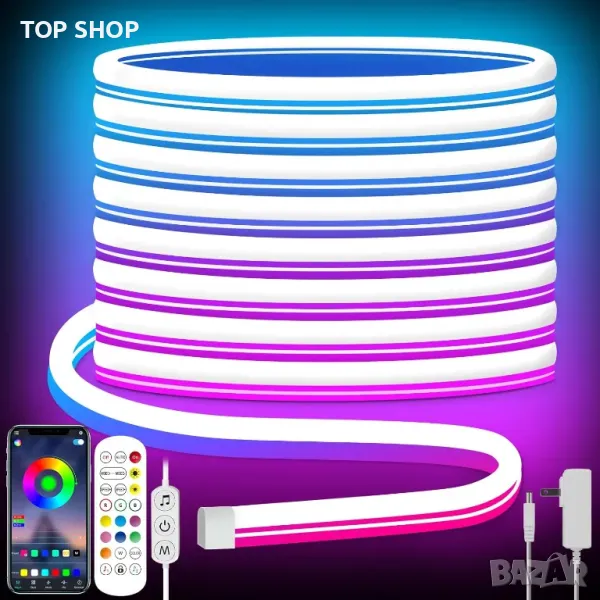 Tyute LED неонова лента, 5m RGB, дистанционно, APP, водоустойчива гъвкава 24V, снимка 1