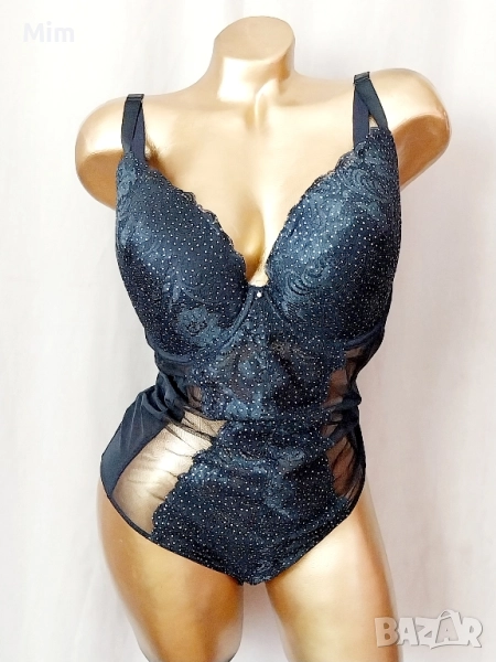 Gossard 80G Черно боди от еластичен прозрачен тюл и сребристи брокатени точки , снимка 1