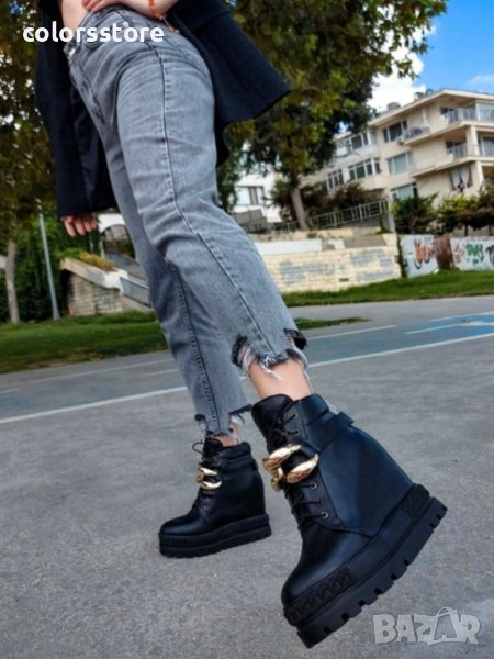 Боти на платформа - черна кожа - BPL30, снимка 1