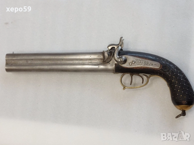 Рядък, в отлично състояние, двуцевен капсулен пищов-дамаскова стомана, снимка 2 - Антикварни и старинни предмети - 52292828