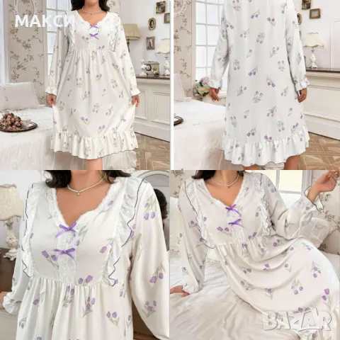 Макси чудесна ефирна нощница с къдрички, оверлог волани и дантела в красив нежен десен с цветчета