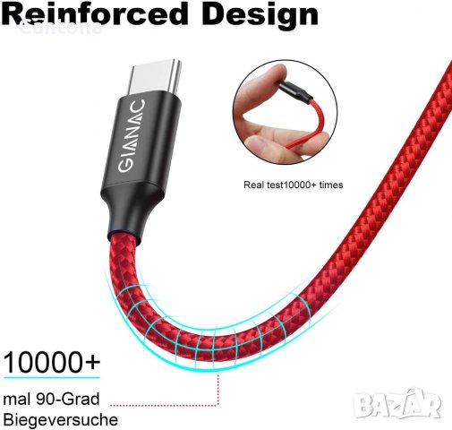 GIANAC USB C кабел, найлоновa oплетка, кабел за бързо зареждане​, снимка 4 - USB кабели - 40199172
