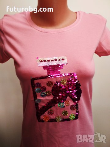Розова дамска тениска с въртящи се пайети във форма на шише, снимка 3 - Тениски - 32841018