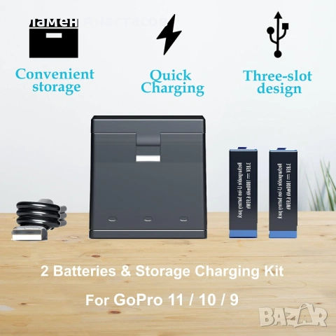 Резервни батерии 2 броя + 3 канално зарядно за GoPro Hero 9/10/11/12, снимка 5 - Батерии, зарядни - 53297177