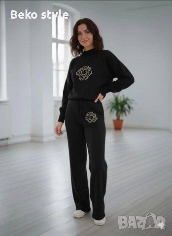 Дамски комплект финно плетиво в сиво черно и бежово, снимка 2 - Комплекти - 52507680