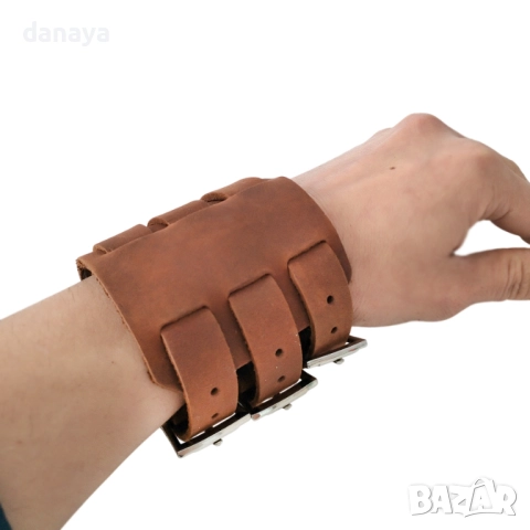 6277 Широка мъжка кожена гривна с 3 закопчалки, снимка 6 - Гривни - 52342207