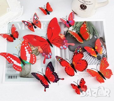 3D 12 бр pvc червени магнитни и самозалепващи пеперуди декорация за стена и мебел