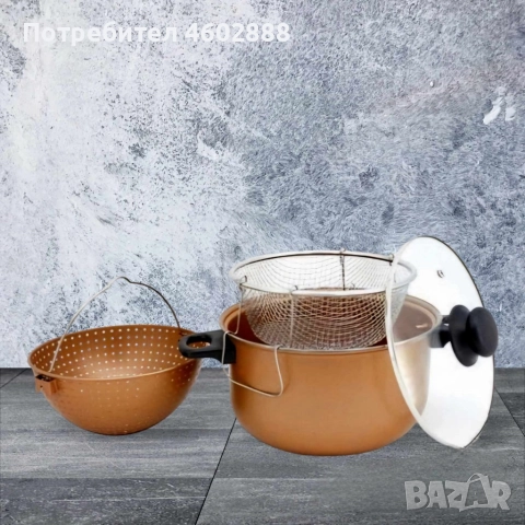 Тенджера с гевгир и кошница за пържене Voltz, 24*12.5см., Меден\въгл. стомана с незалеп. покр.