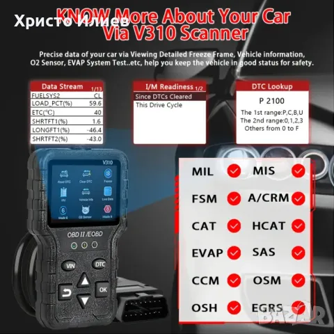 Автомобилен Диагностичен инструмент OBD Скенер за кодове и грешки на двигателя OBD2 V310, снимка 6 - Аксесоари и консумативи - 50271048