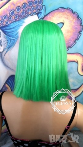 Средна Дължина Перука Прическа Стил Каре в Цвят Атрактивно Светло Зелен КОД 8367, снимка 7 - Аксесоари за коса - 33607339