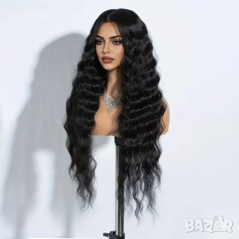 Черна вълнообразна синтетична перука 95 см, снимка 2 - Аксесоари за коса - 53541539