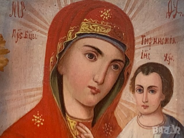 Руска домашна празнична икона Тихвинская чудотворна богородица от 19-ти век, снимка 8 - Колекции - 39685827