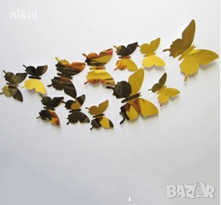 3D 12 бр pvc огледални златисти златни самозалепващи пеперуди декорация за стена и мебел, снимка 1 - Други - 27122653